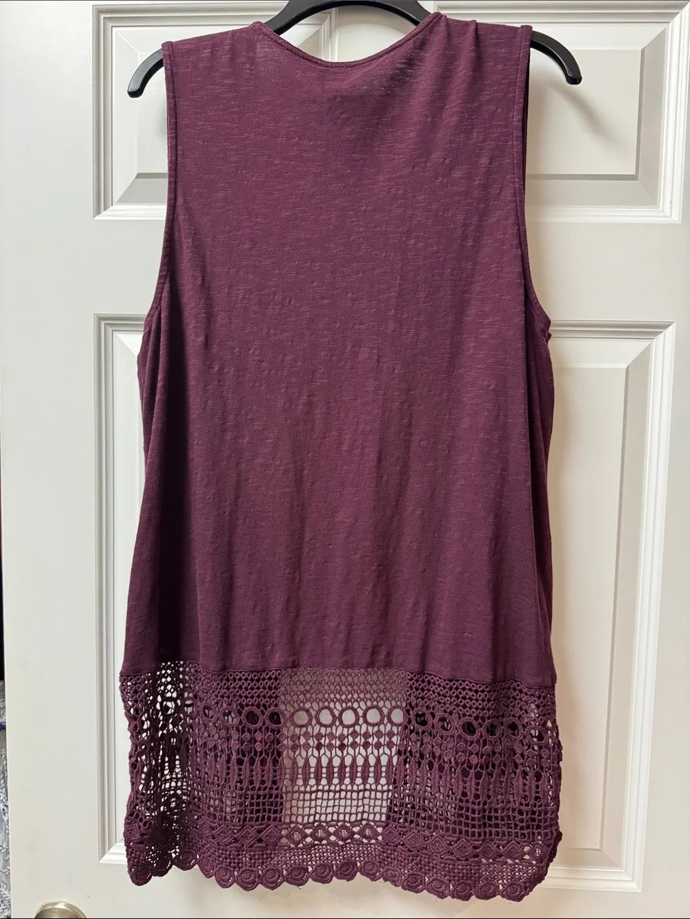Chico’s Plum Sleeveless Open-Front Crochet-Hem Vest - Size Large (Chico’s 2)